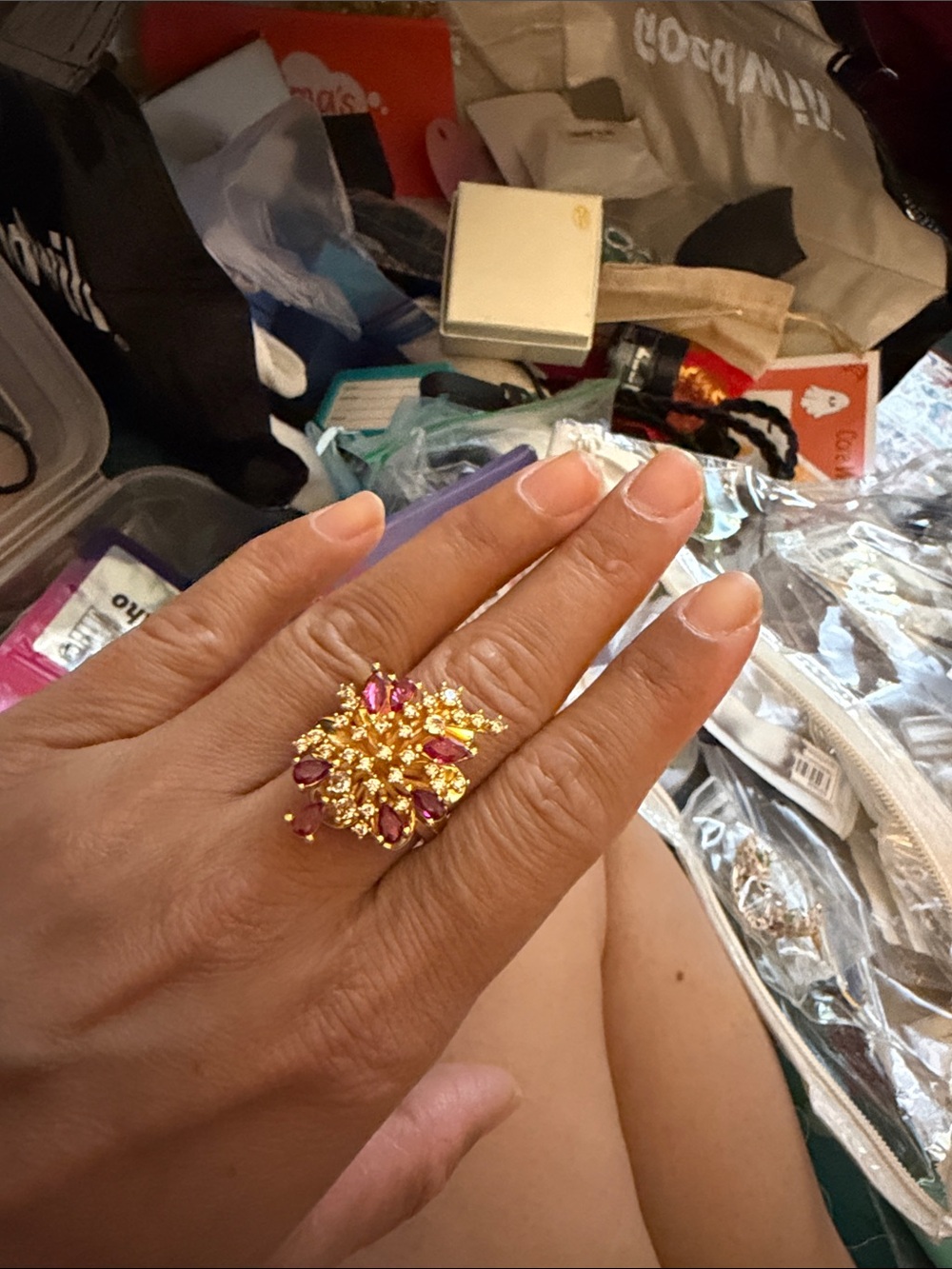 Gold Tone Statement Ring with Pink Gem Accents